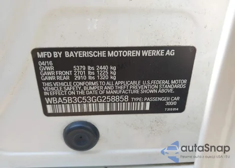 2016 BMW 535I xDrive from USA, damaged, VIN WBA5B3C53GG258858
